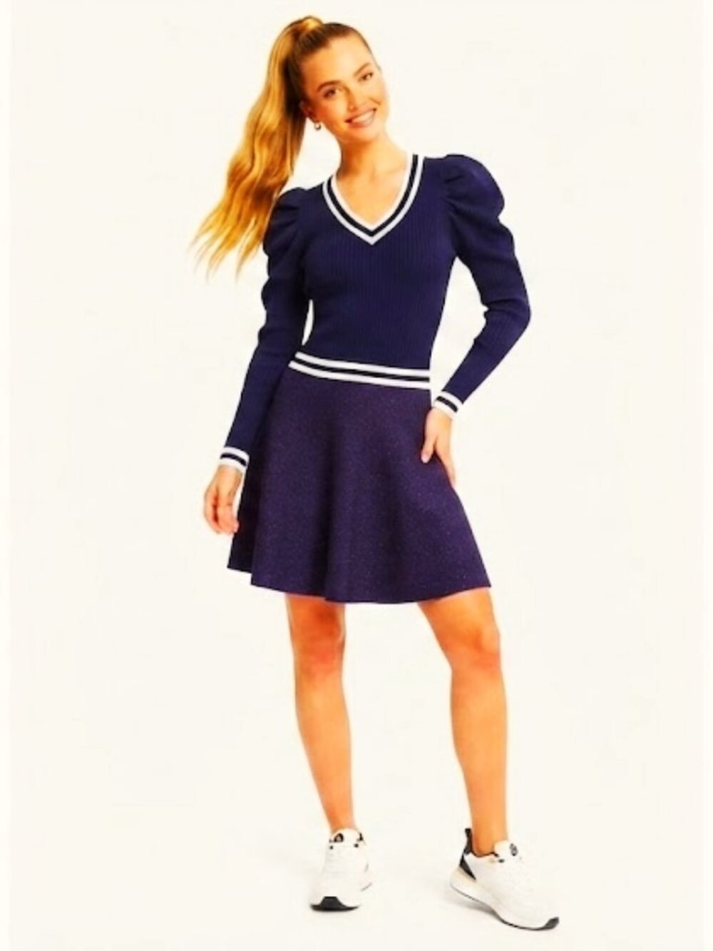 BCBG Varsity Puff Sleeve Sparkle Skirt Faux 2 Piece Knit Dress- Sz. Sm